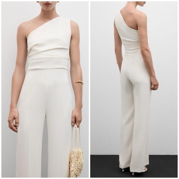 MNG Mango Yeah Asymmetric One Shoulder Wide Leg Jumpsuit White Sz XS - Picture 1 of 12